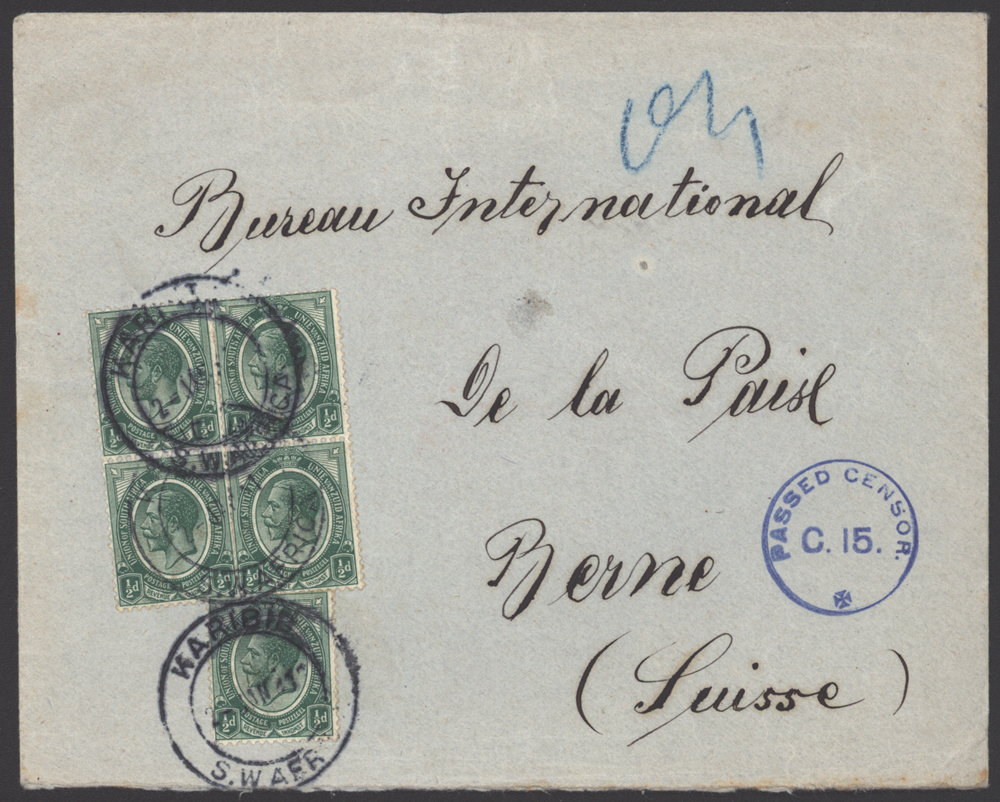 1916 cover Karibib - Swis Peace Bureau, South African &frac12;d (x5) circular blue C15 bilingual 99 label, Cape oval blue censor.