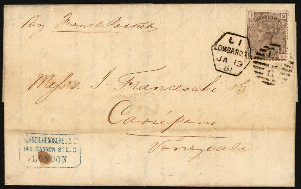 1881 entire from London to Venezuela, franked 4d grey brown Pl.17 (SG.160)