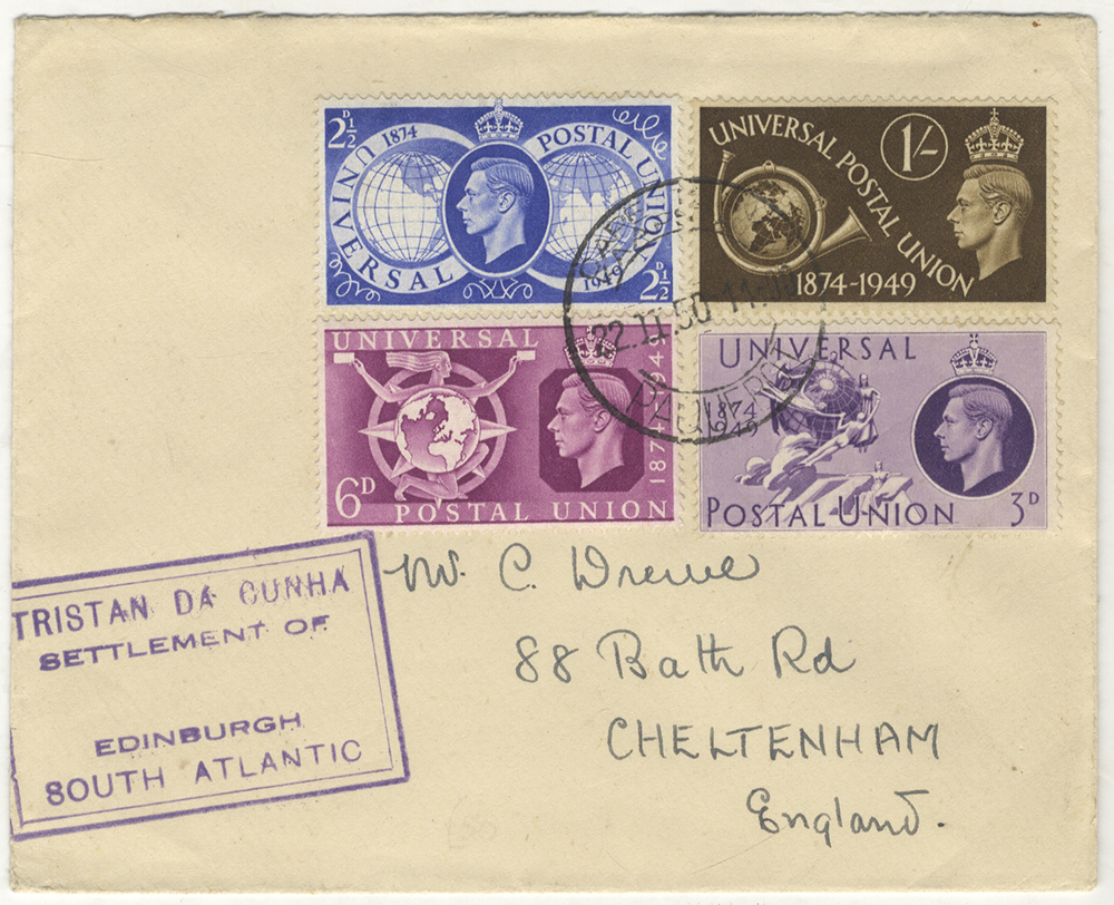 1950 cover to Cheltenham, franked 1949 UPU complete set