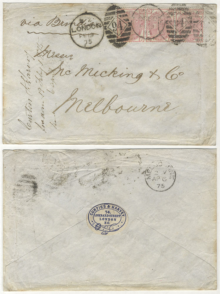 AUSTRALIA 1875 cover from London to Melbourne, franked 3d rose Pl.15 strip of three