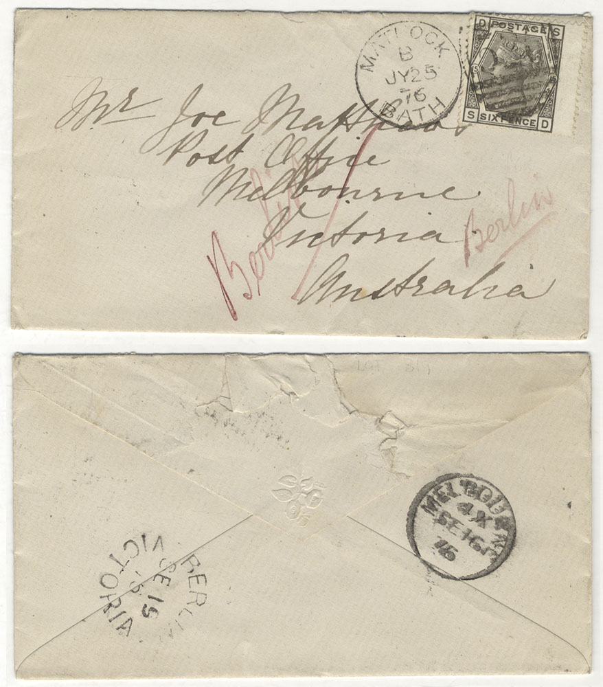 AUSTRALIA 1876 cover from Matlock to Melbourne, franked 6d grey Pl.15 SD