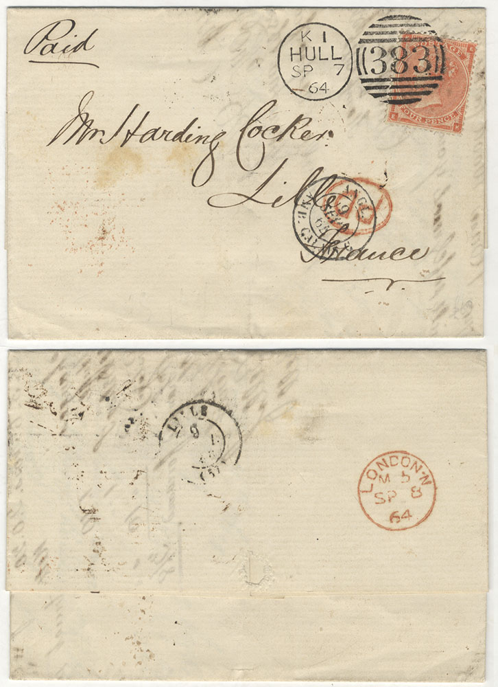 FRANCE 1864 cover from Hull to Lille, France, franked 4d bright red