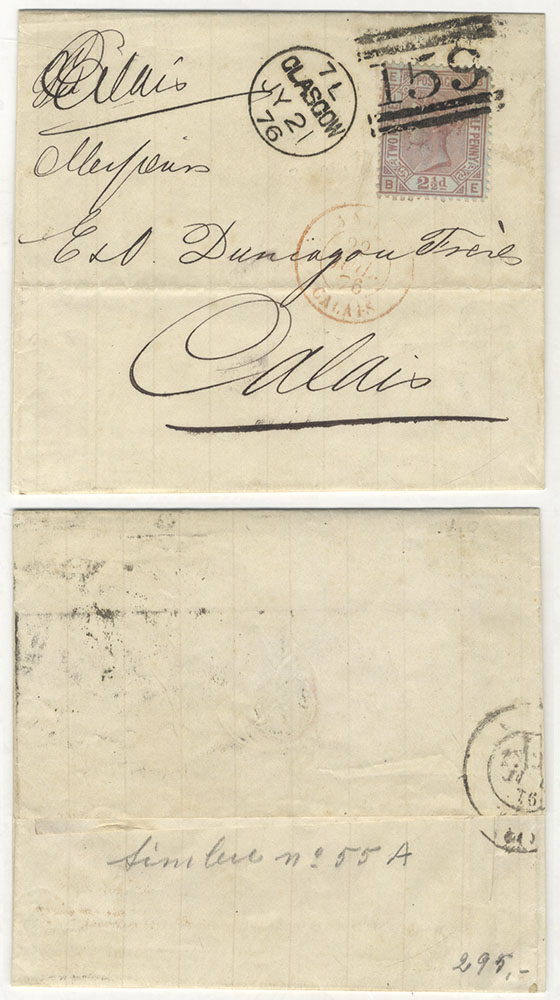 FRANCE 1876 small cover from Glasgow to Calais, France, franked 2&frac12;d rosy mauve Pl.1