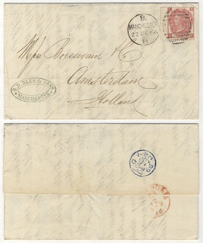 HOLLAND 1866 cover from Manchester to Amsterdam, franked 3d rose