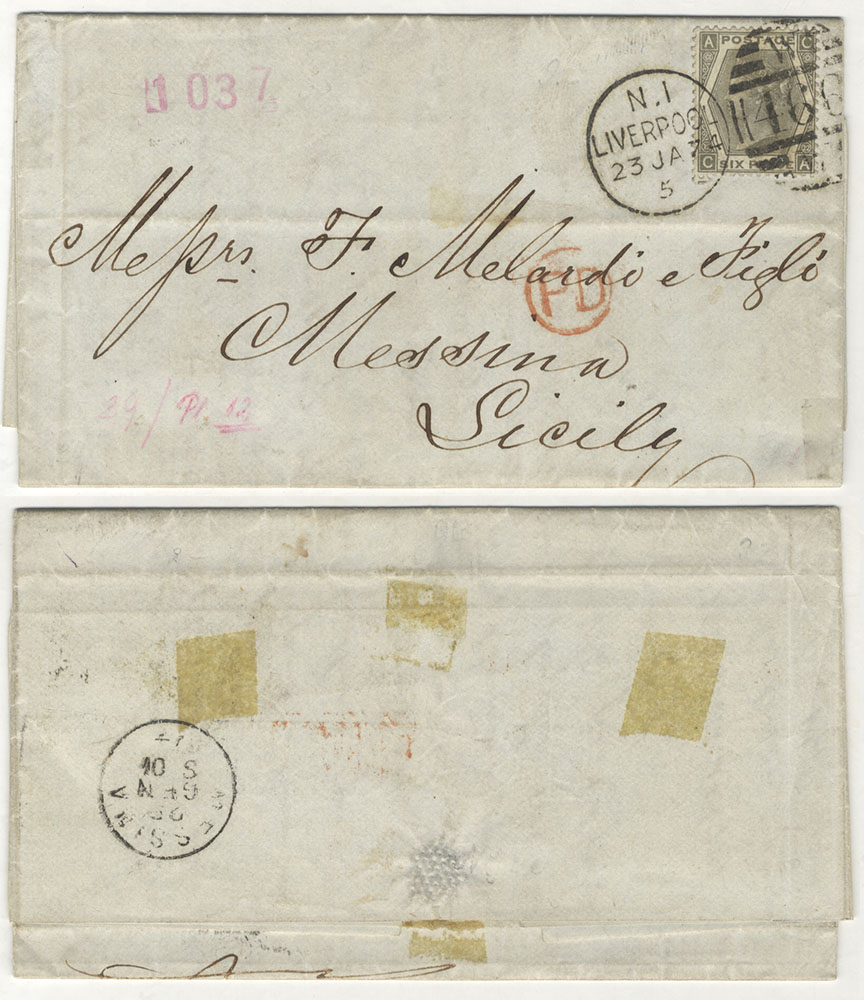 ITALY 1874 cover from Liverpool to Messina, Sicily, franked 6d grey Pl.12