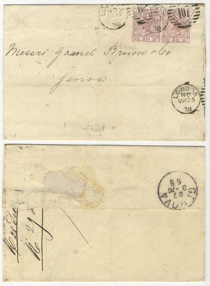 ITALY 1878 cover from London to Genoa, franked 2&frac12;d rosy mauve (2)