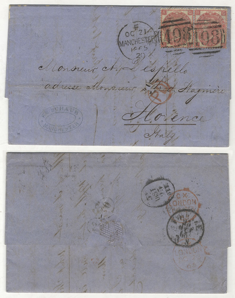 ITALY 1865 cover Manchester to Florence, franked 3d rose Pl.4 pair