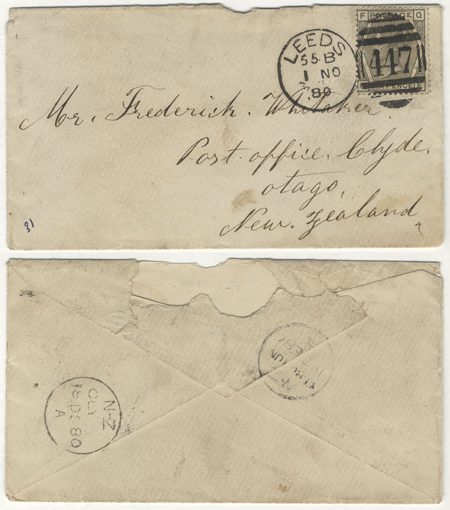 NEW ZEALAND 1880 cover from Leeds to Otago, franked 6d grey Pl.17