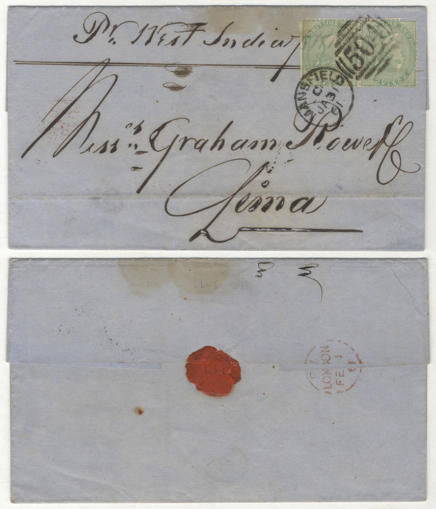 PERU 1861 cover from Mansfield to Lima, franked 1s green horizontal pair