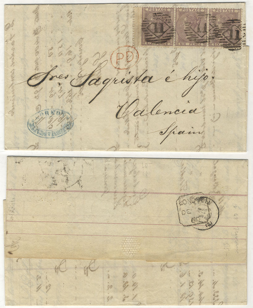 SPAIN 1860 cover from London to Valencia, franked 6d lilac horizontal strip of three
