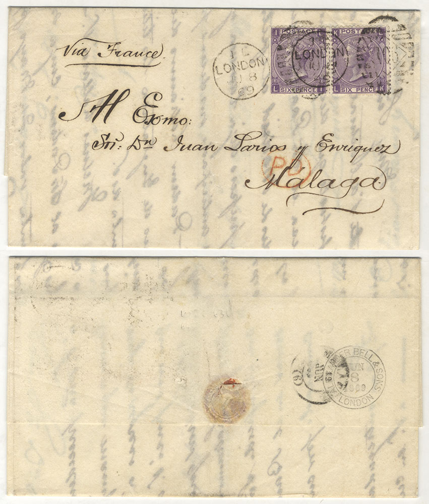 SPAIN 1869 cover from London to Malaga, franked 6d mauve Pl.7 (2)