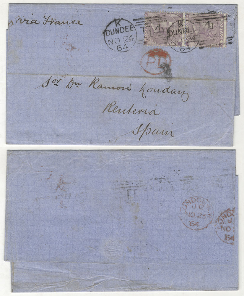SPAIN 1864 cover from Dundee to Reuteria, franked 6d lilac vertical pair