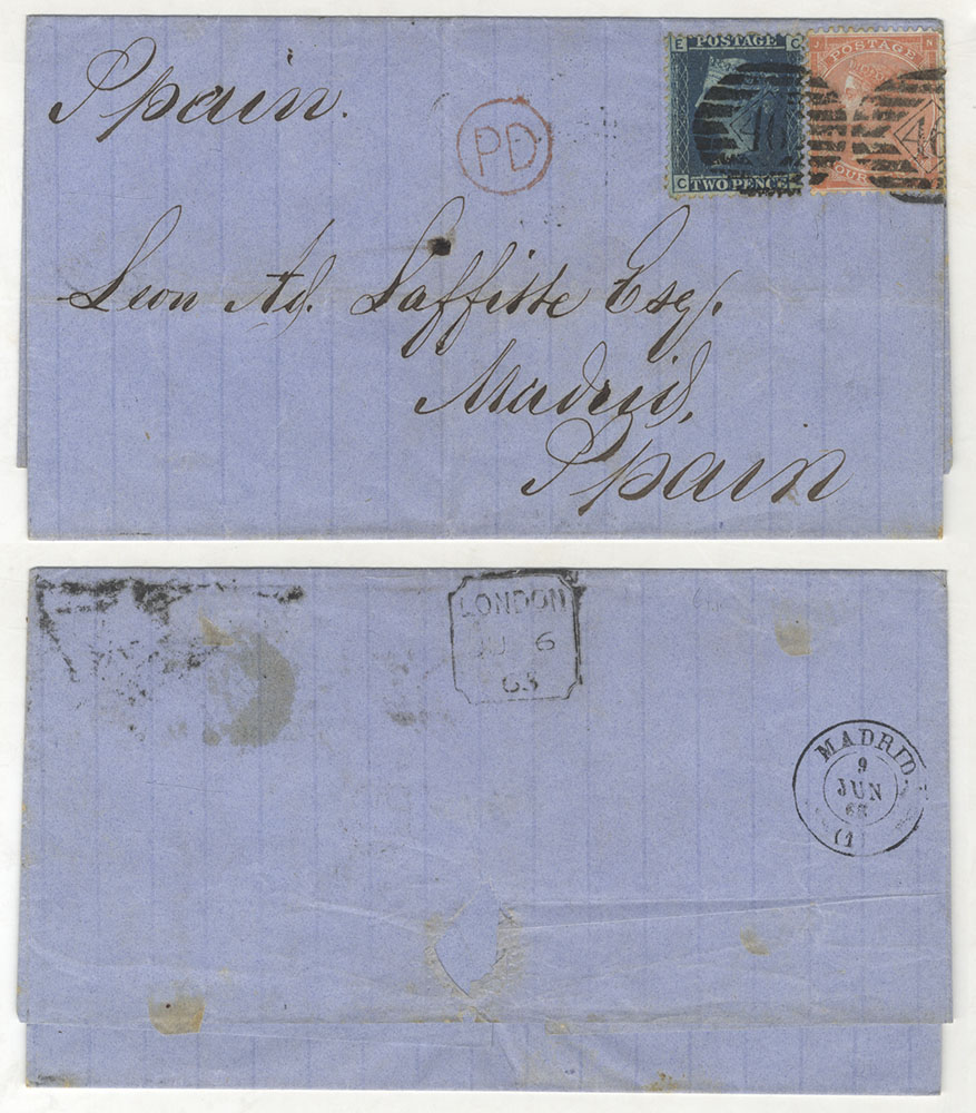 SPAIN 1863 cover to Madrid, franked 2d blue Pl.9 & 4d bright red