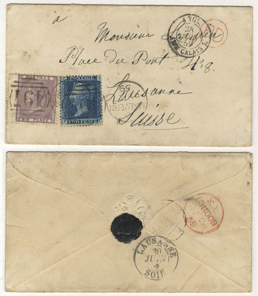 SWITZERLAND 1859 cover from Malvern to Lausanne, franked 2d blue Pl.7 & 6d lilac