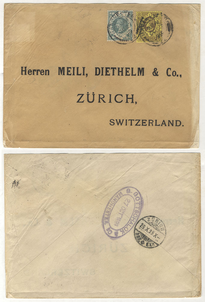 SWITZERLAND 1899 cover from Manchester to Zurich, franked Jubilee 3d & 1s dull green