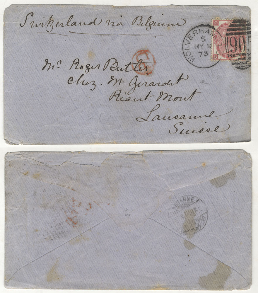 SWITZERLAND 1873 cover Wolverhampton to Lausanne, franked 3d rose Pl.10