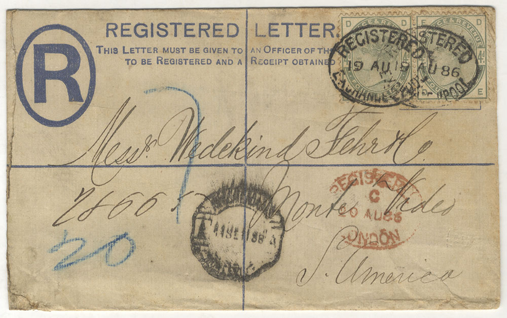 URUGUAY 1886 reg cover from Liverpool to Montevideo, 2d reg env uprated