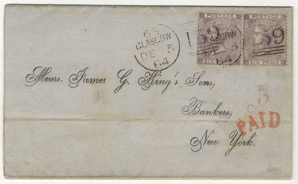 USA 1864 cover from Union Bank Glasgow to New York franked 6d lilac