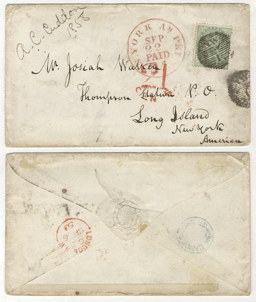 USA 1858 cover London to Long Island, NY, franked 1s green