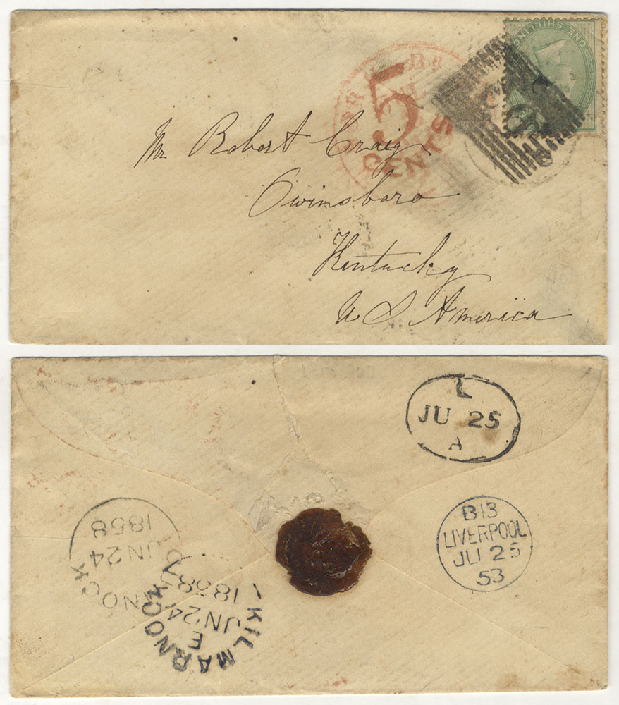 USA 1853 cover from Cumnock to Kentucky, franked 1s green
