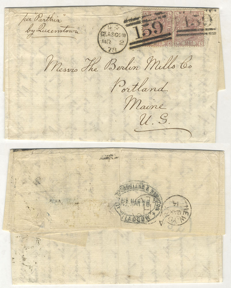 USA 1878 cover from Glasgow to Portland, Maine, franked 2&frac12;d rosy mauve Pl.8 horizontal pair