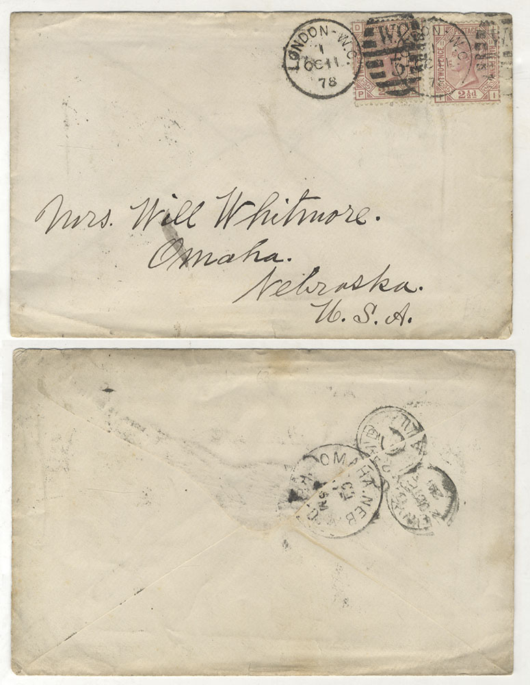 USA 1878 cover from London to Omaha, Nebraska, franked 2&frac12;d rosy mauve Pl.10 & Pl.11
