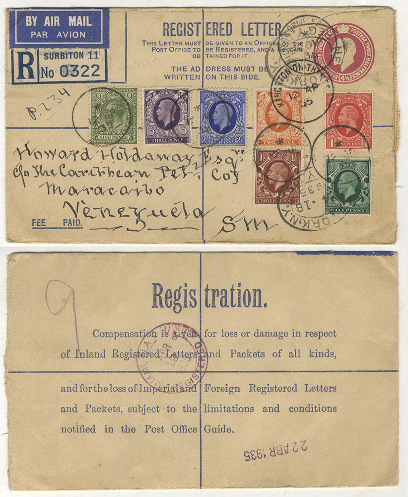VENEZUELA 1935 4&frac12;d reg envelope from Surbiton to Maracaibo, uprated with 1/7d