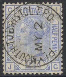 1880-83 2&frac12;d blue Pl.21, superb 'Plymouth to Bristol T.P.O' c.d.s