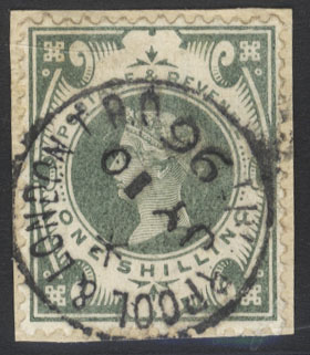 1887 Jubilee 1s dull green on a small piece, 'Liverpool to London T.P.O' c.d.s