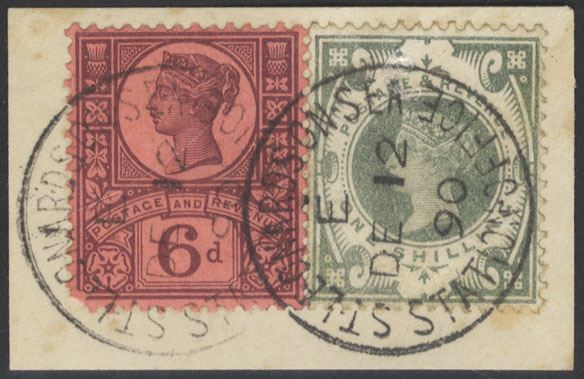 1887 Jubilee 6d + 1s dull green together on a small piece