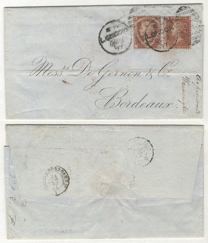 1877 cover from London to Bordeaux, franked 1d red Pl.200 & 1&frac12;d red Pl.3