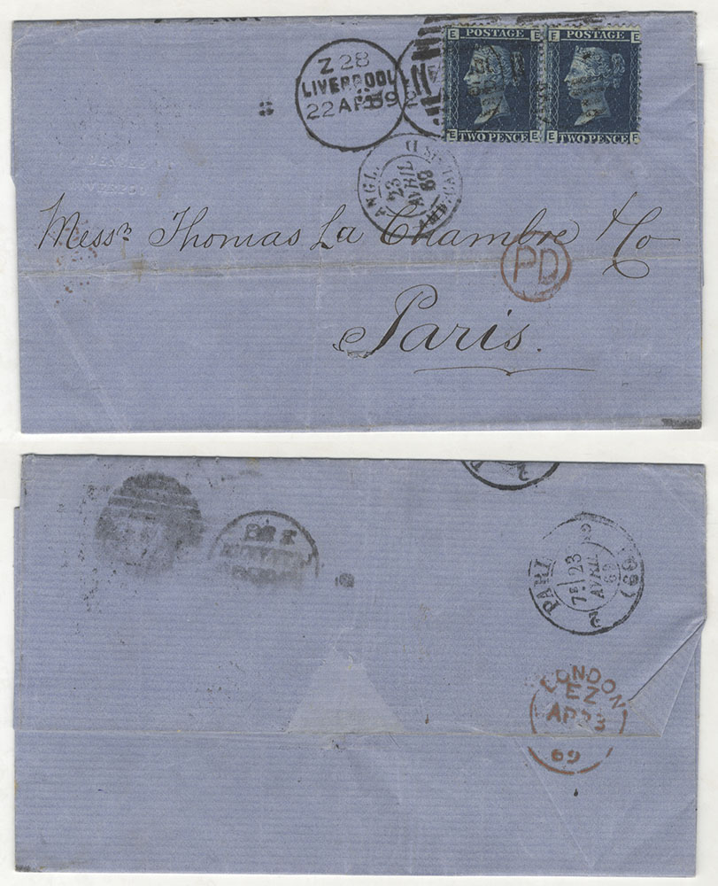 1869 cover from Liverpool to Paris, franked 2d blue Pl.12 pair EE/F