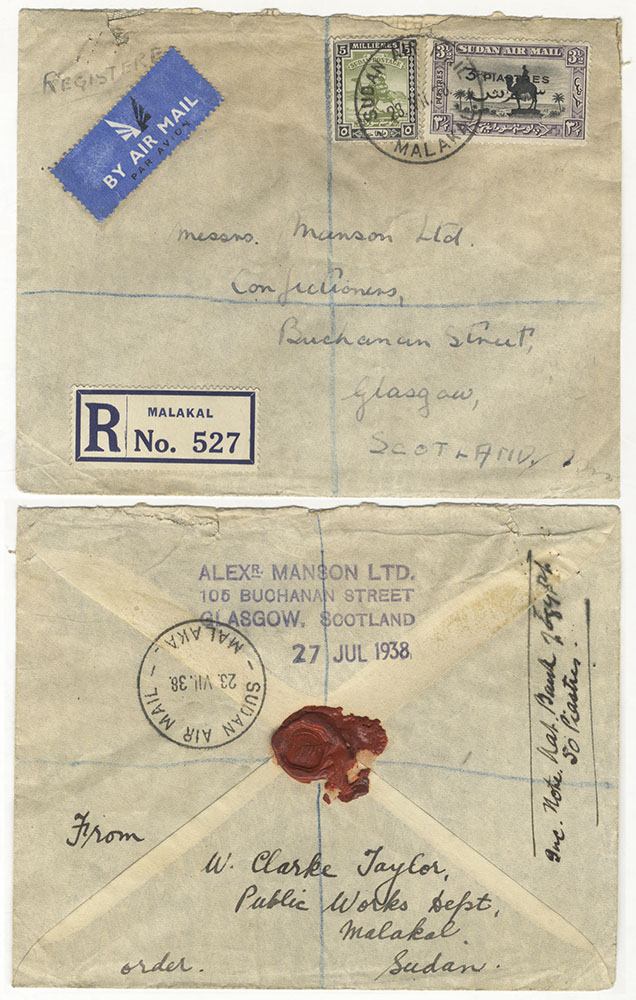 1938 reg cover from Malakal to Glasgow, franked 5m & 3p on 3&frac12;p