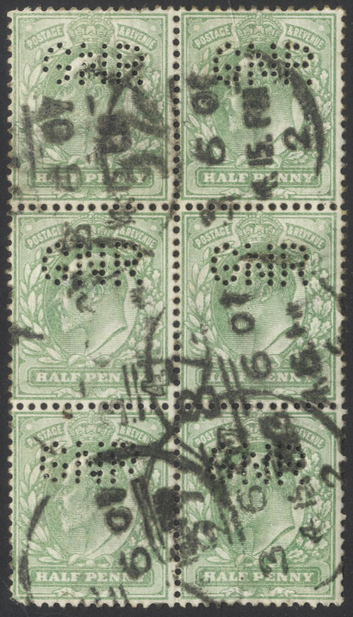 1902 G.N.R PERFIN on used block of six &frac12;d Edwards.