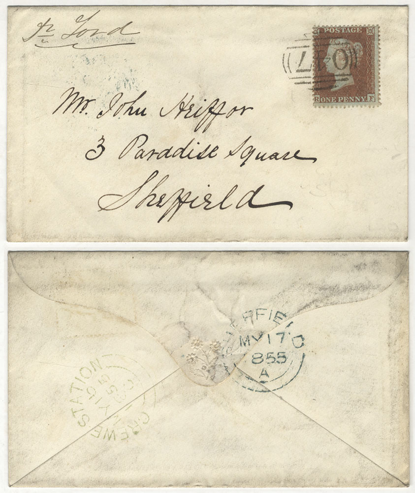 1855 envelope from Sheffield, franked 1d Stars, tied barred oval '047'