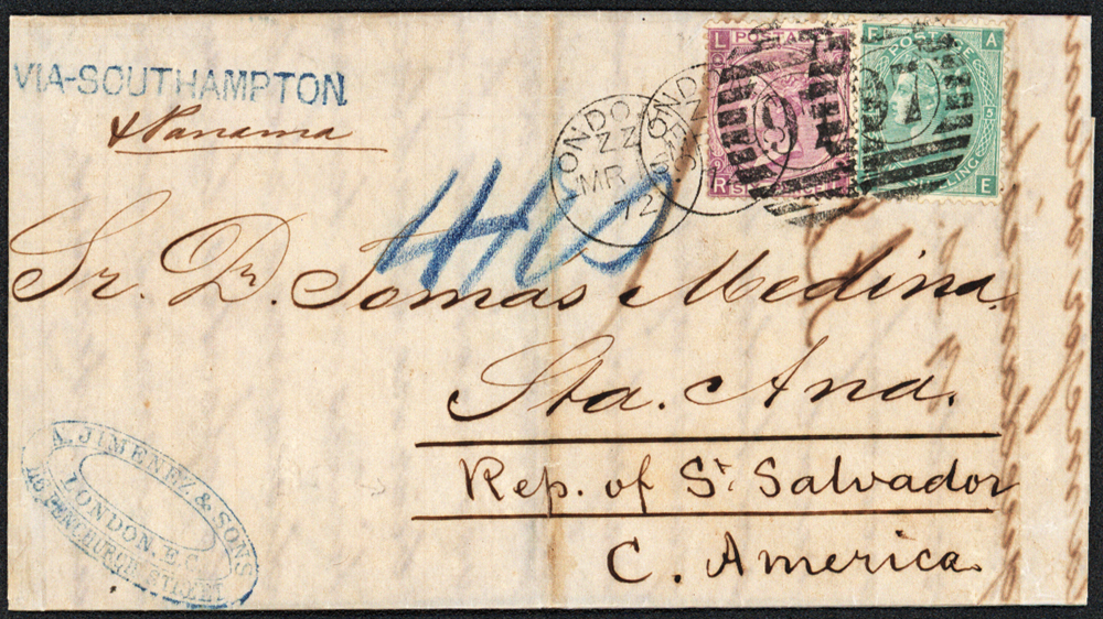 EL SALVADOR 1872 cover from London to San Salvador, franked 6d mauve & 1s green