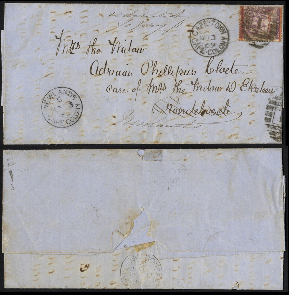 Internal mail 1869 (3 Nov) entire from Cape Town to Rondebosch, redirected to Newlands