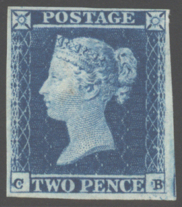 1841 2d blue Pl.4, o.g, four margin example lettered CB