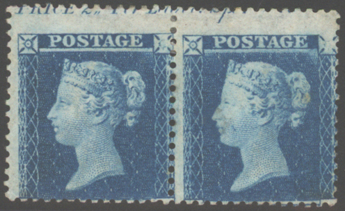 1855 2d blue Pl.4 (Die I, Alphabet I, Wmk Small Crown P.14) small part o.g horizontal pair
