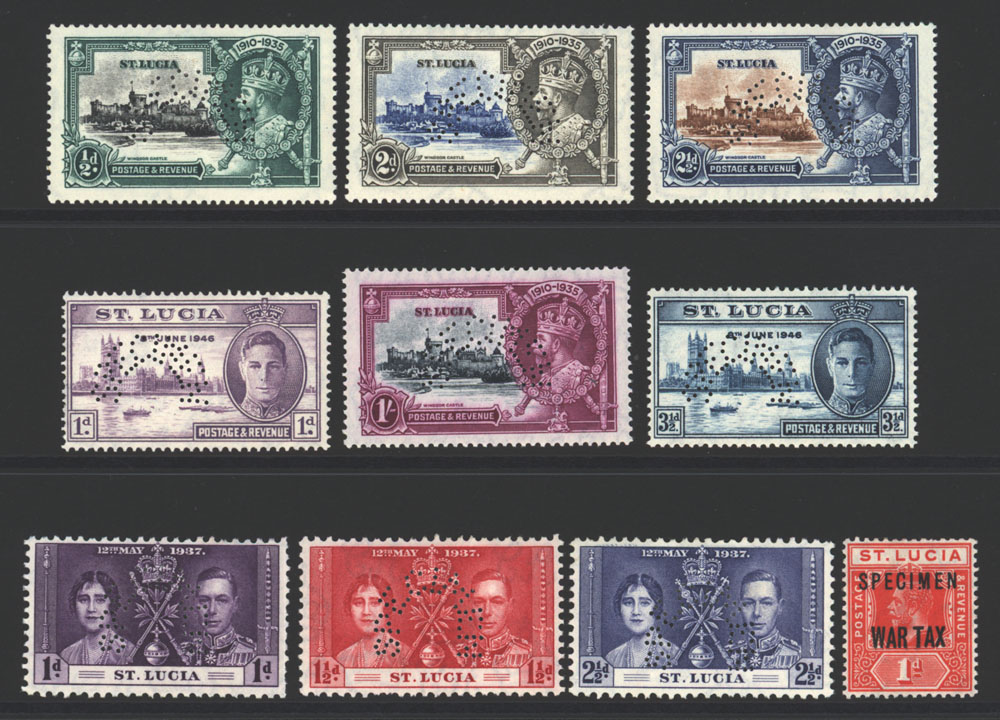 1916 War Tax 1d optd SPECIMEN, 1935 Jubilee, 1937 Coronation, 1946 Victory sets, all perf SPECIMEN