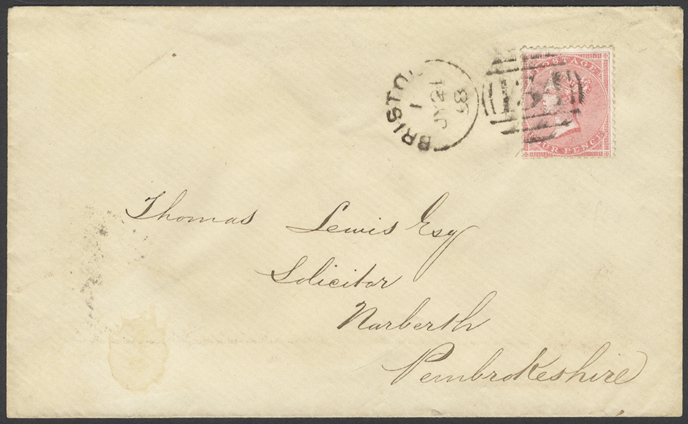 1858 cover from Bristol to Narberth, Pembrokeshire