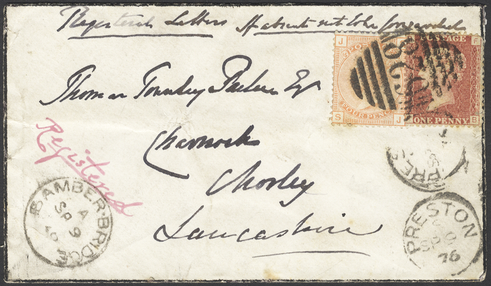 1876 mourning envelope reg to Chorley, Lancashire