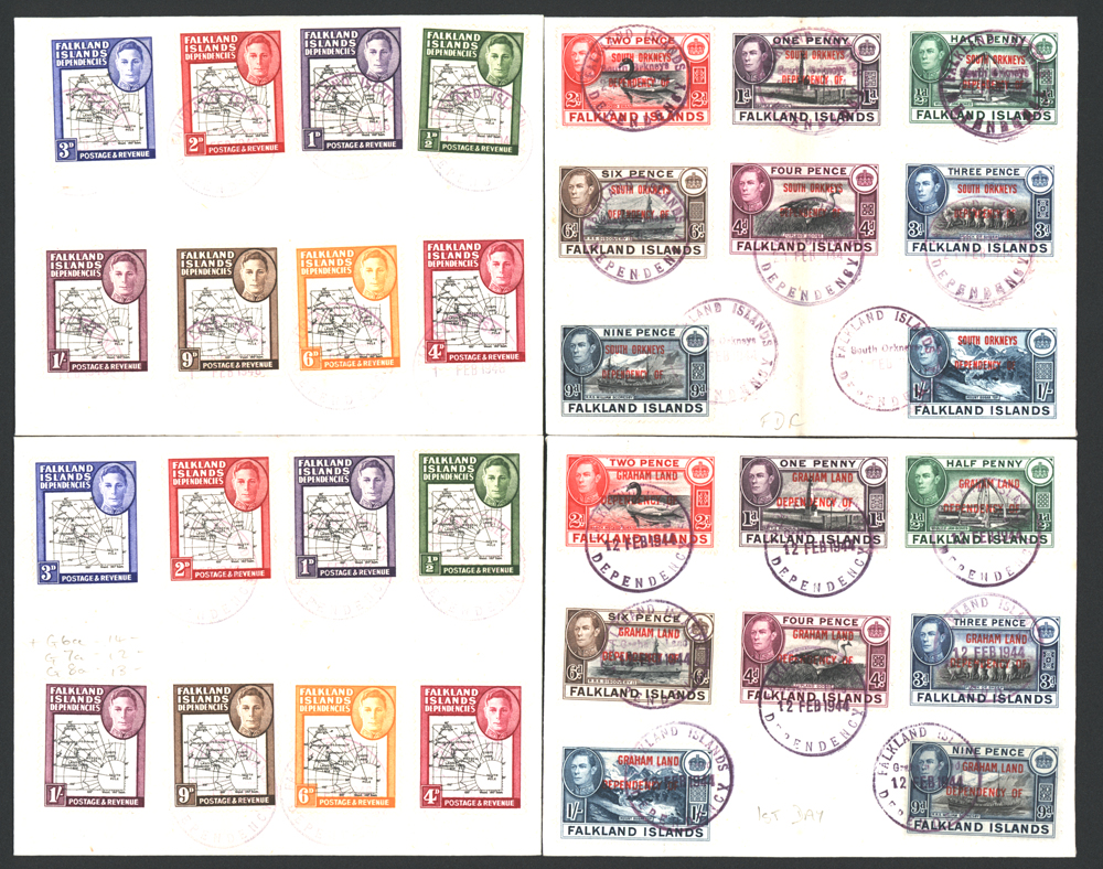 GRAHAM LAND & SOUTH ORKNEYS 1944 Optd sets of eight, each cancelled on a plain FDC