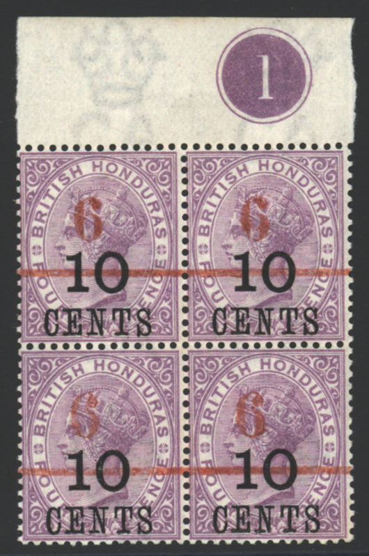1891 6c on 10c on 4d Surcharged locally in red, fine M marginal Plate 1 block of four