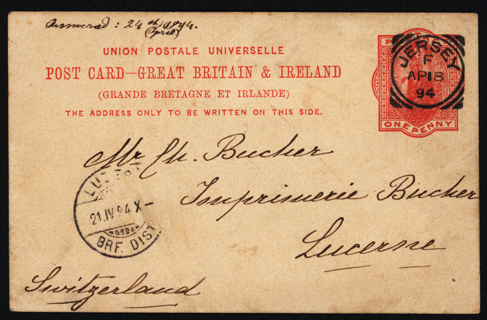 JERSEY 1d postal stationery card to Lucerne, Switzerland