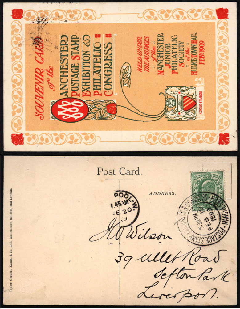 1909 Manchester Postage Stamp Exhibition & Philatelic Congress postcard to Liverpool