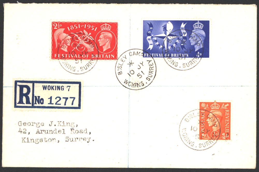 1951 reg 'Woking' cover to Kingston, Surrey, franked Festival set