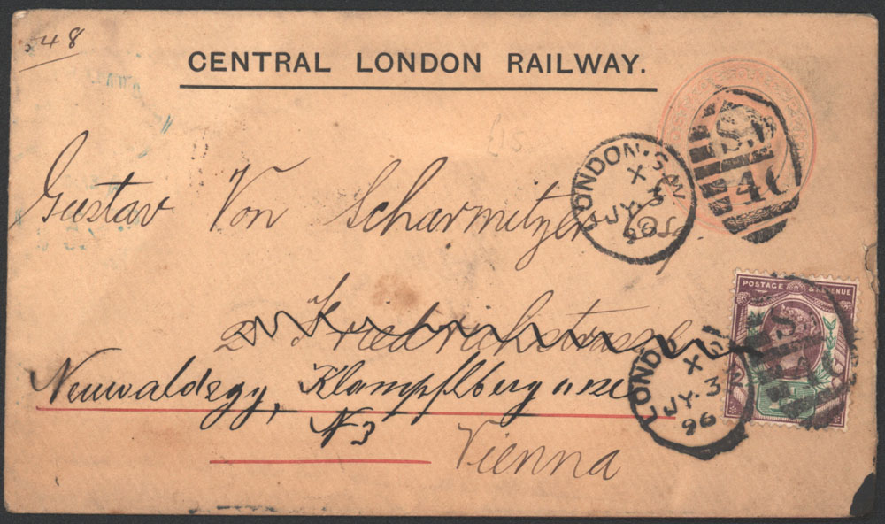 AUSTRIA 1896 CENTRAL LONDON RAILWAY printed 1d Embossed envelope to Vienna