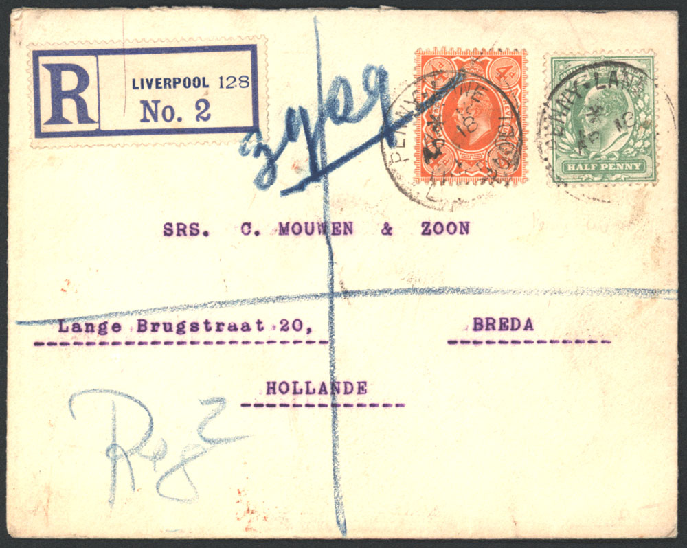 HOLLAND 1910 reg cover from Liverpool to Breda, Holland