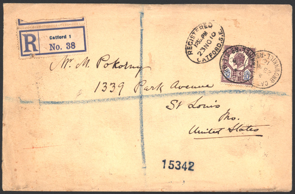 USA 1910 reg cover from Catford to St. Louis, USA, franked 5d Edward, tied Brownhill Rd, Catford c.d.s.'s